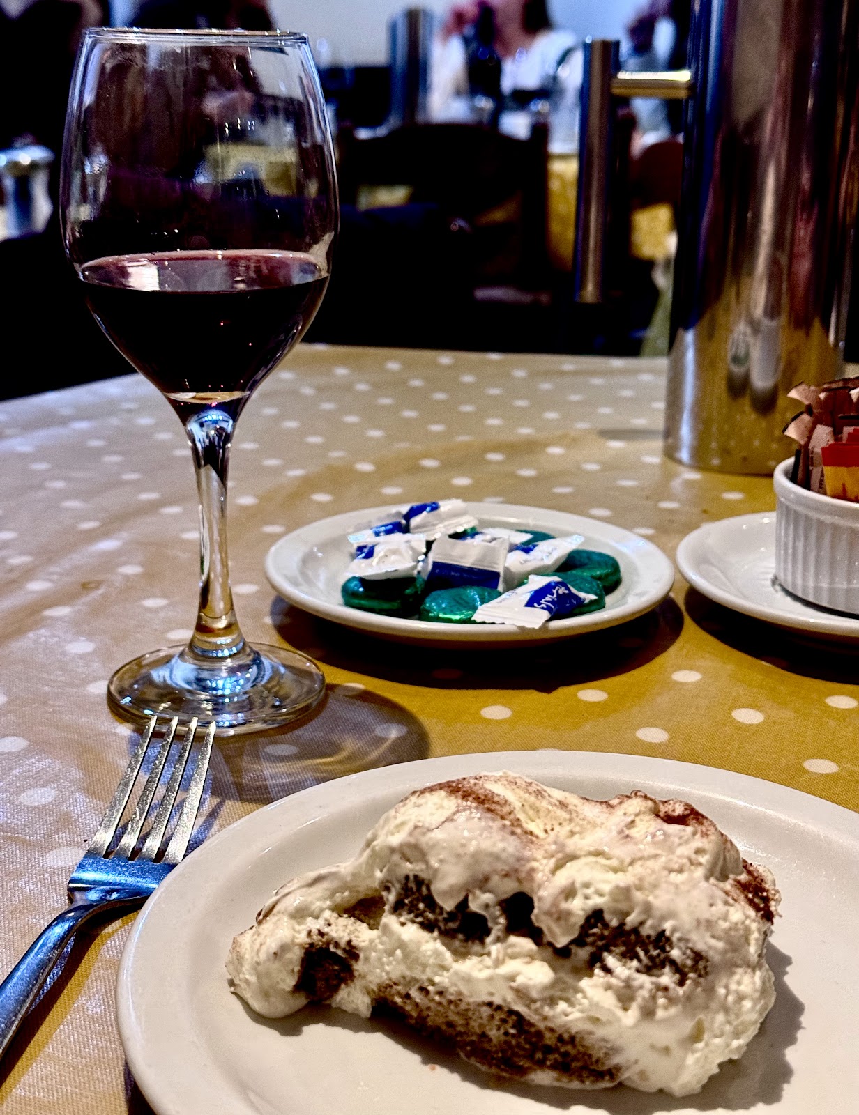 Tiramisu and a glass of red wine at Anacapri